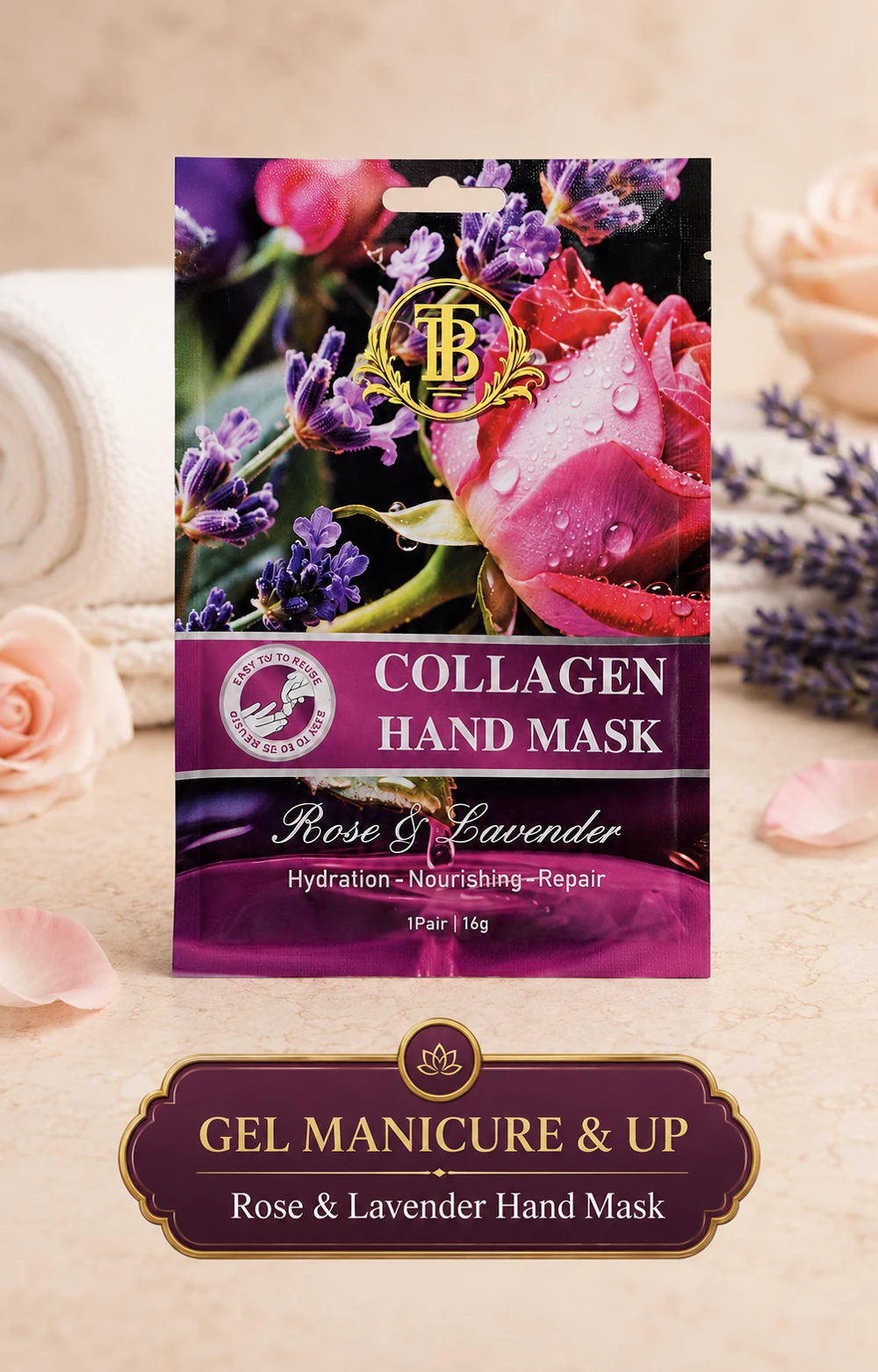 Rose and lavender collagen hand masks for Velora manicures