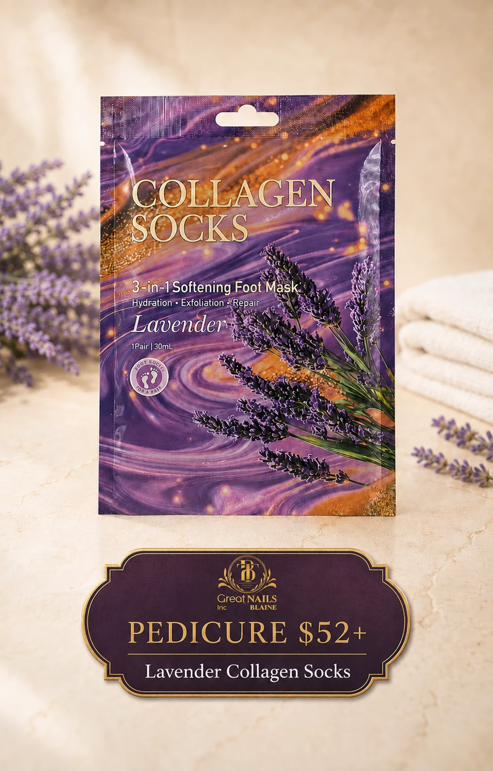 Lavender collagen socks for Velora spa pedicures