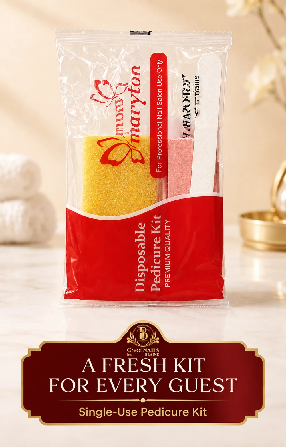 Fresh single-use pedicure kit prepared for every Velora guest