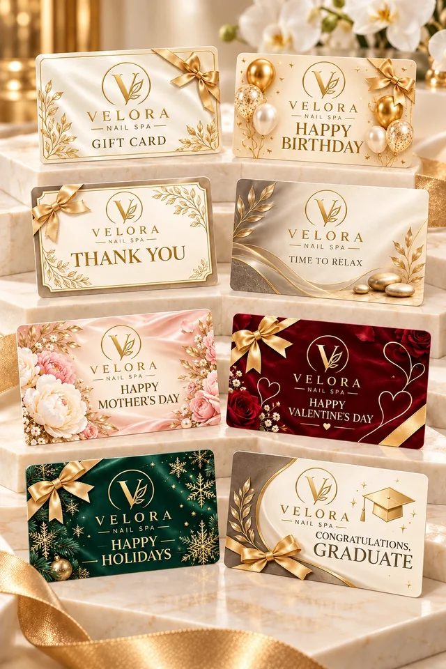 Eight Velora gift cards displayed on ivory marble: signature, birthday, thank you, relaxation, Mother’s Day, Valentine’s Day, holidays and graduation