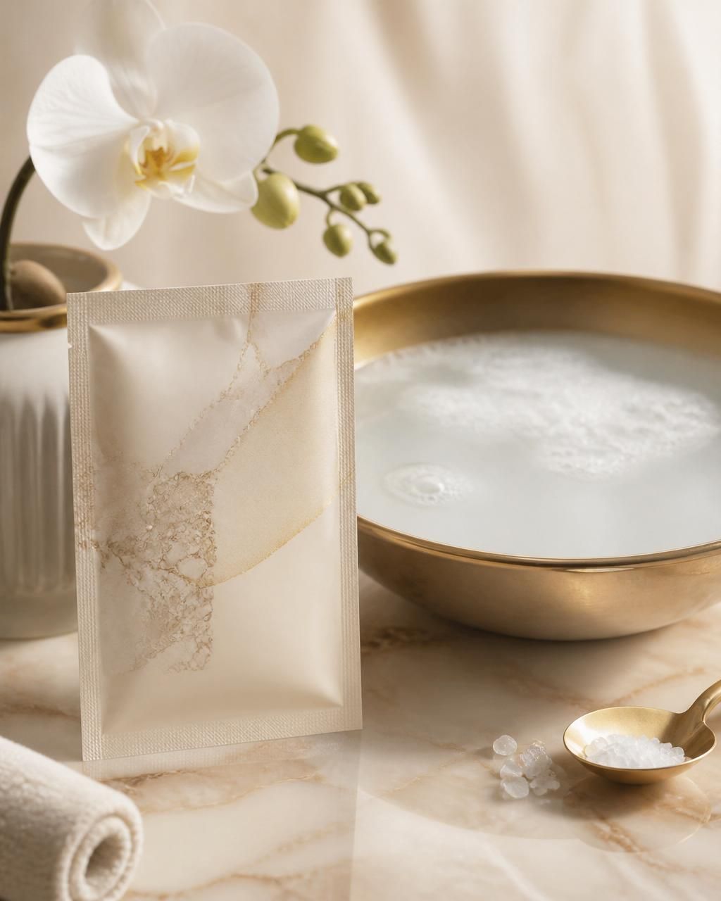 Pearl-white collagen bubbling pedicure sachet standing beside a gold bowl of gently foaming milky water, a white orchid and a gold spoon of soak crystals