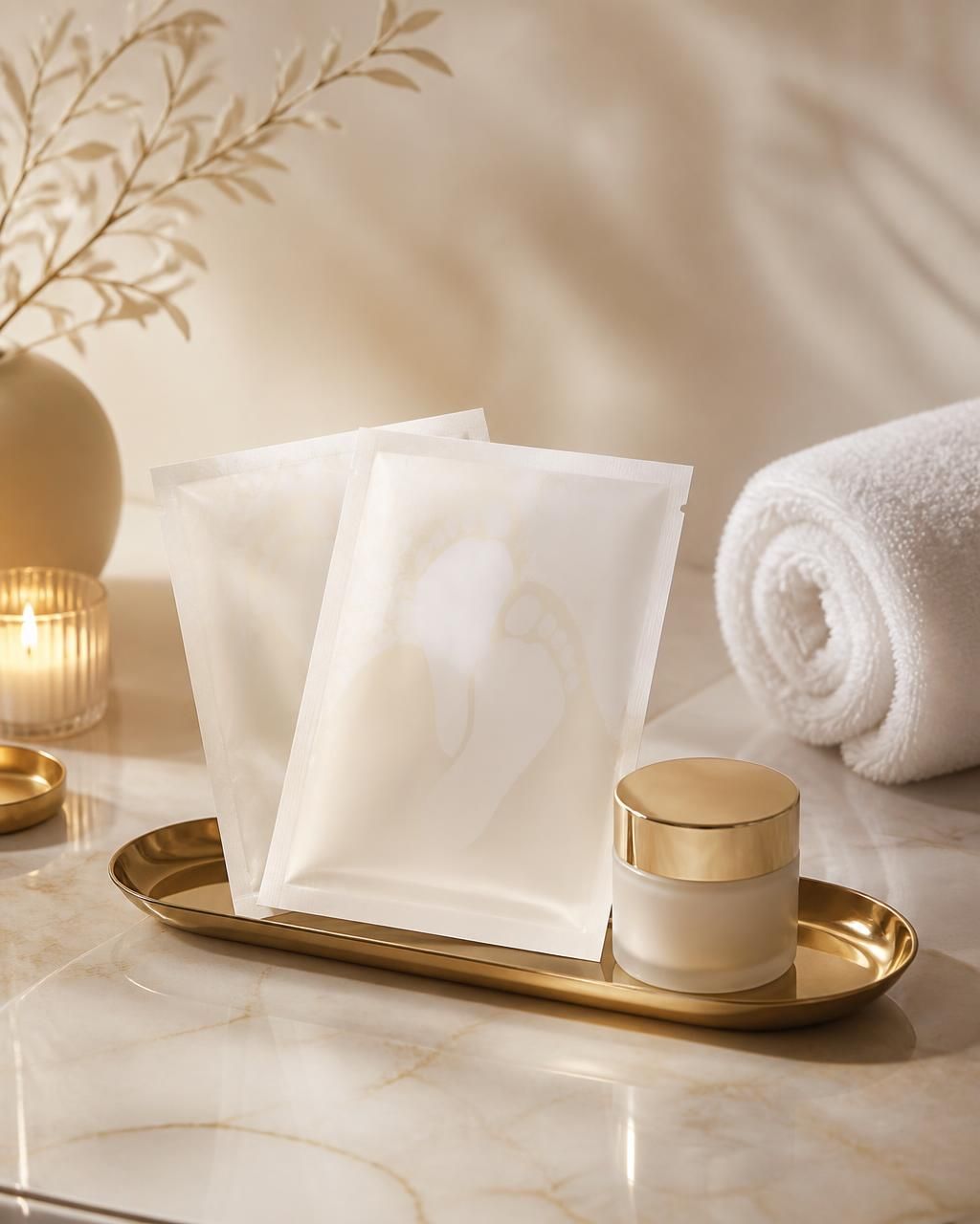 Two collagen foot mask sachets and a small cream jar on a gold tray over ivory marble, with a rolled white spa towel and lit candle