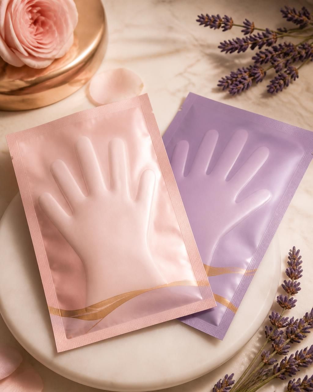 Rose pink and lavender collagen hand mask glove sachets on a pale ceramic plate with a pink rose and fresh lavender sprigs on marble