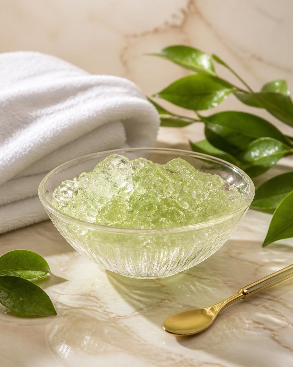 Glass bowl of fresh green detox jelly spa crystals surrounded by glossy green leaves, folded white towels and a gold spoon on ivory marble