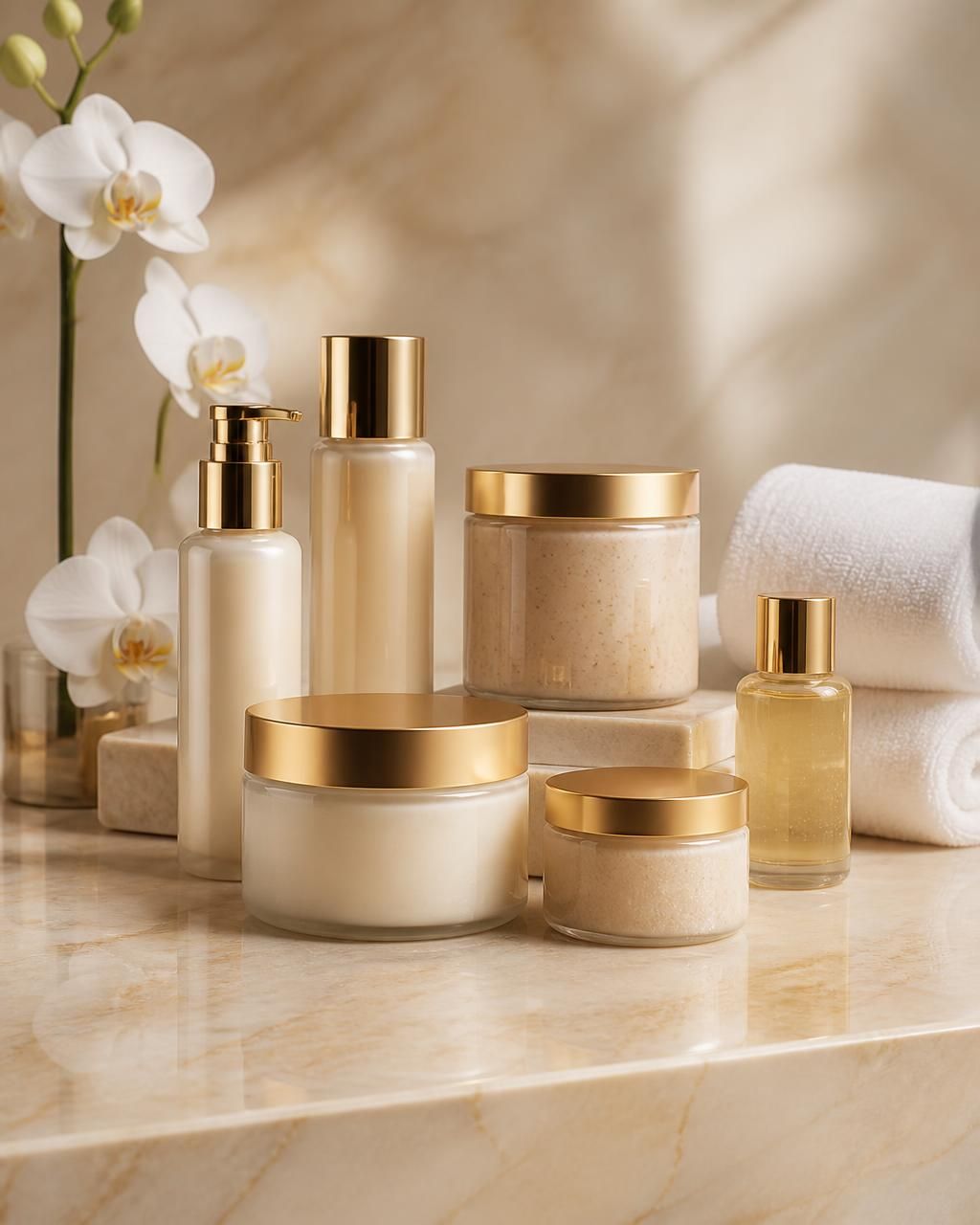 Luxury spa pedicure collection of cream jars, scrub and oil with gold lids arranged on ivory marble beside white orchids and a rolled spa towel