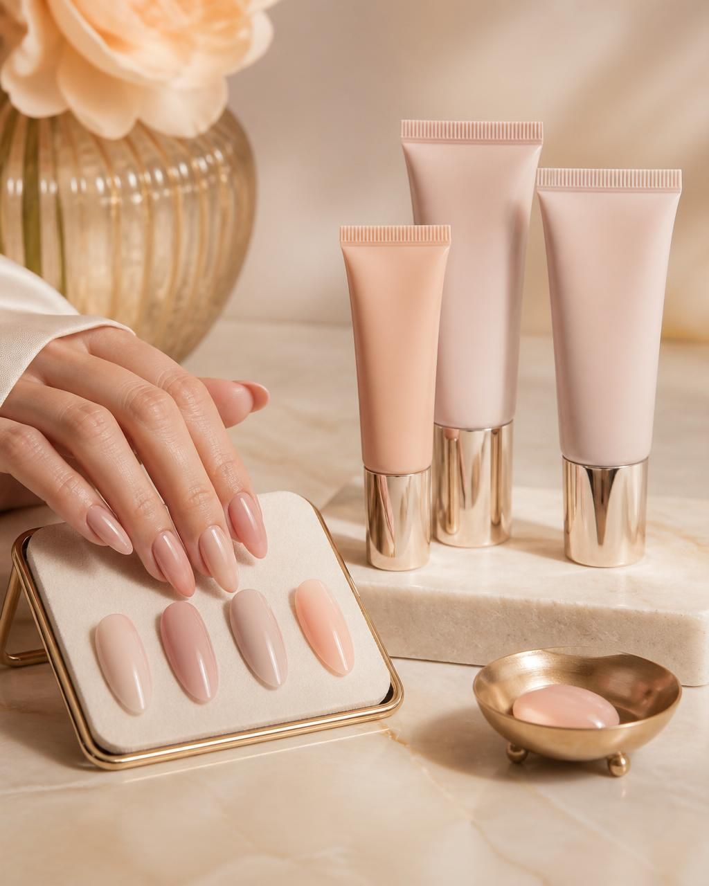 Soft pink hybrid gel tubes with gold caps beside a display of nude almond nail swatches and a hand with polished nude nails on ivory marble